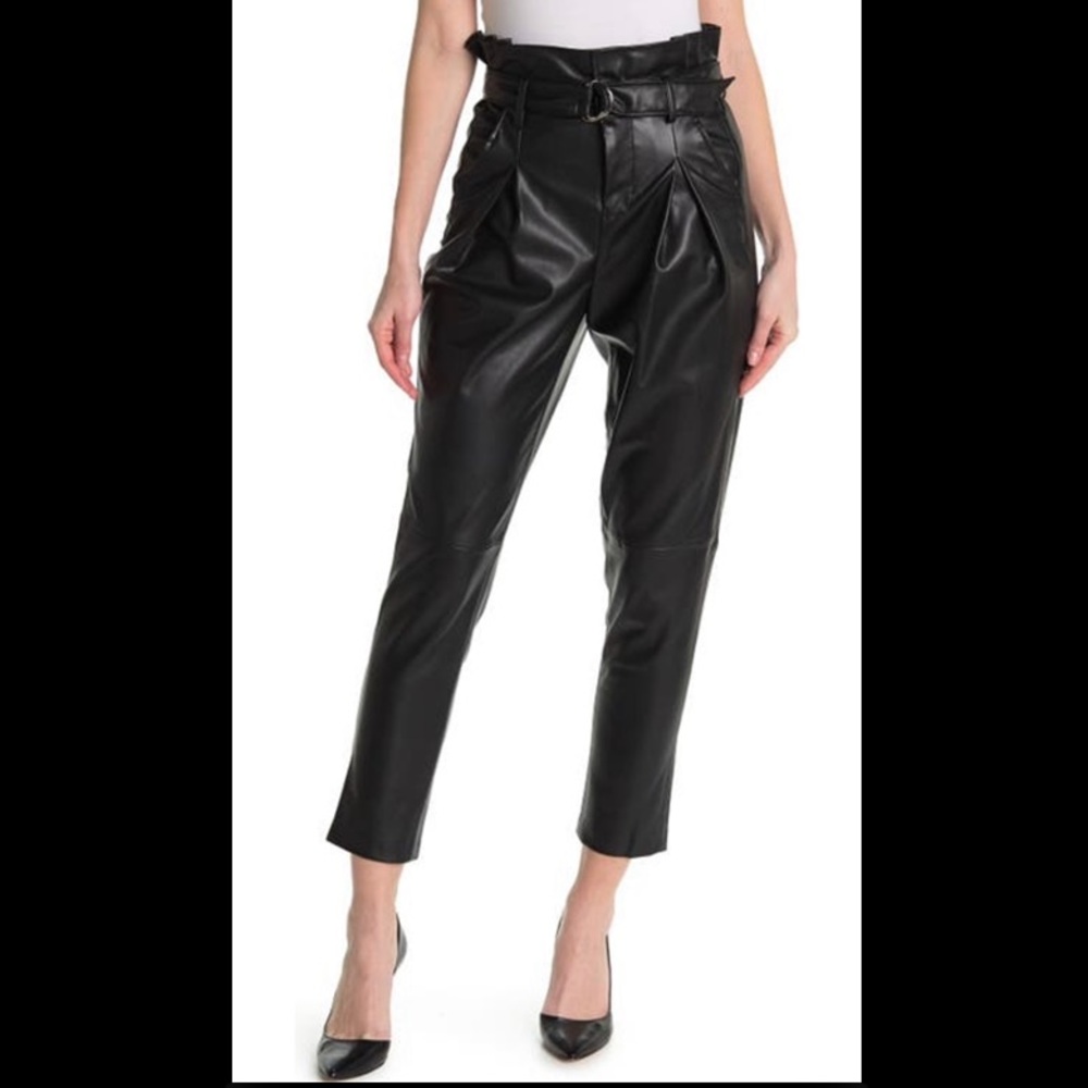 Faux Leather Belted Paperbag Waist Pants Black NWT BLACKNYC